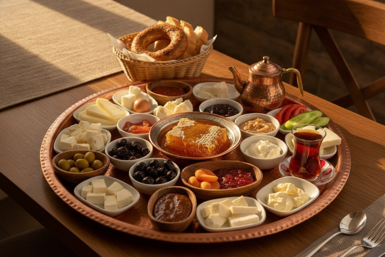 Bakır tepside kurulmuş serpme kahvaltı sofrası; peynir, zeytin, bal ve çay