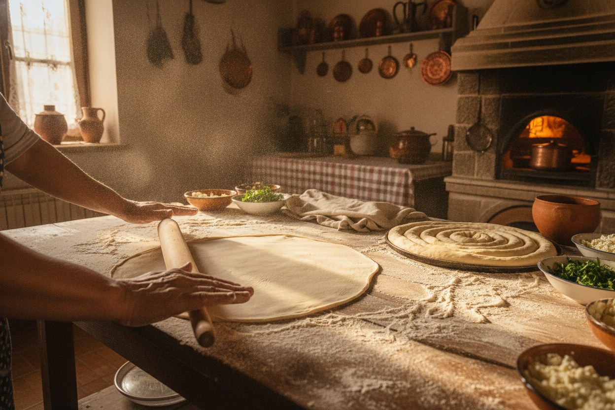 Oklavayla açılan yufka ve el açması börek