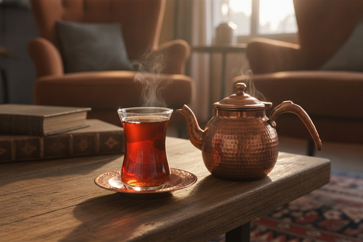 İnce belli bardakta demlenmiş çay ve bakır demlik